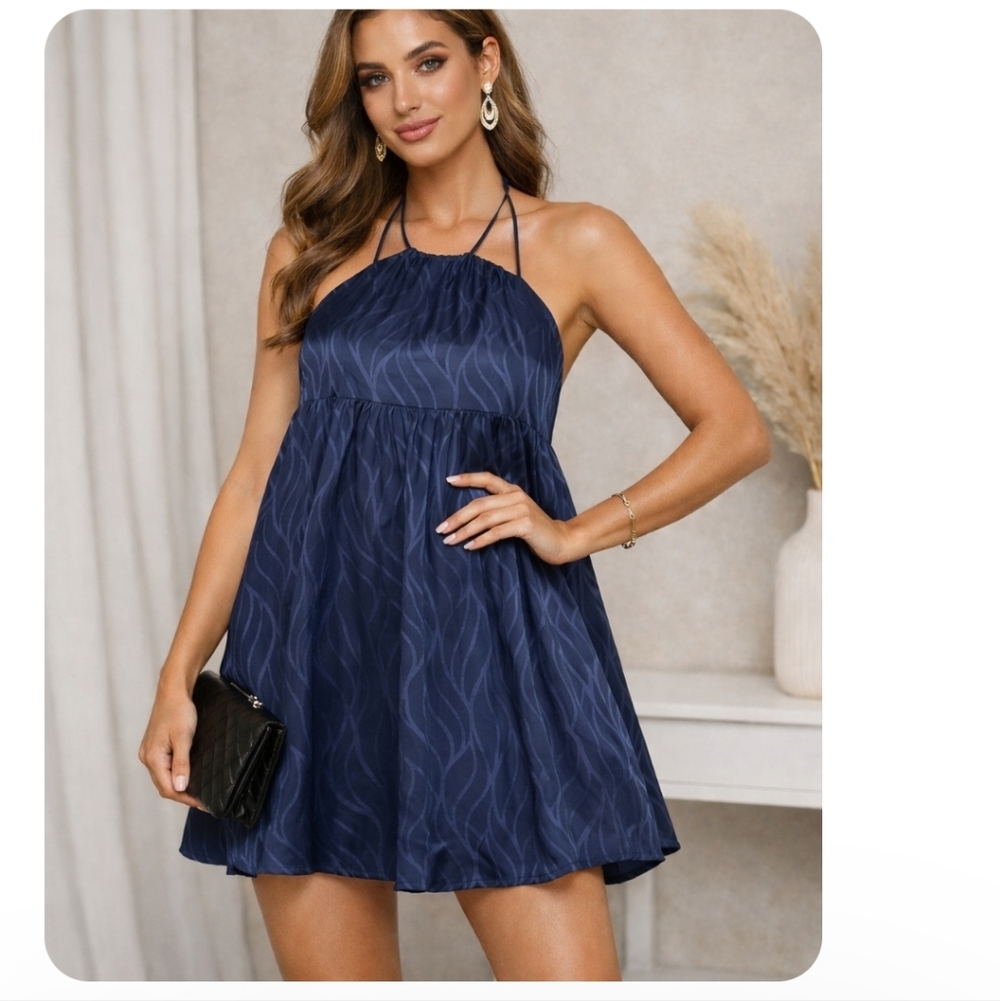 SHEIN Navy Blue Halter Neck Mini Dress Tie-Around-Neck Straight Flare Fit Small